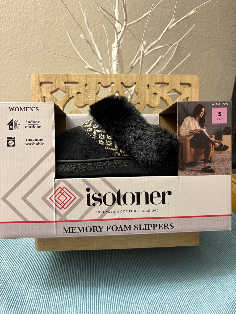 isotoner Women's Black Faux Fur Trim Slip-On Slippers